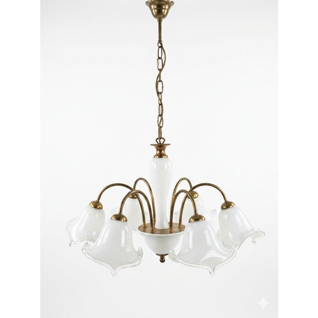 Mid-Century Modern Italian Murano White Opaline Glass and Brass Chandelier, 1950s, in Very Good conditions. Designed 1950...