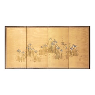 "Iris and Kingfisher", Showa Era Ogata Kōrin Style Japanese Painted Silk Byobu Screen For Sale