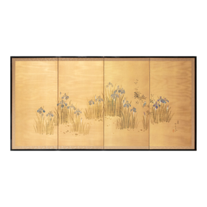 "Iris and Kingfisher", Showa Era Ogata Kōrin Style Japanese Painted Silk Byobu Screen