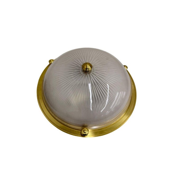 Traditional Pair of Vintage Brass Flush Mounts With Ribbed Glass Domes For Sale - Image 3 of 3