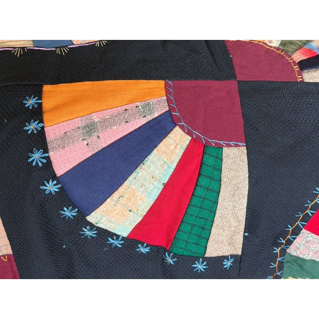 Textile 1920s Crazy Quilt Fan Pattern With Embroidered Date and the Word Mother 69" X 80" For Sale - Image 7 of 17
