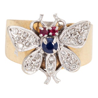 Vintage Butterfly Ring 14k Yellow Gold Band Diamond Gemstone Size 6.5 For Sale