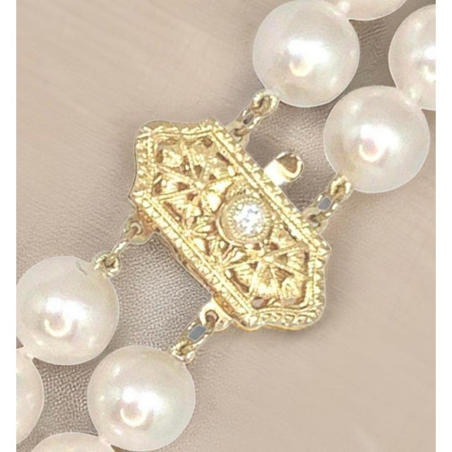 Abstract 1990s Diamond Akoya Pearl Necklace 8 Mm 14k Gold 17 in 2-Strand Certified For Sale - Image 3 of 16