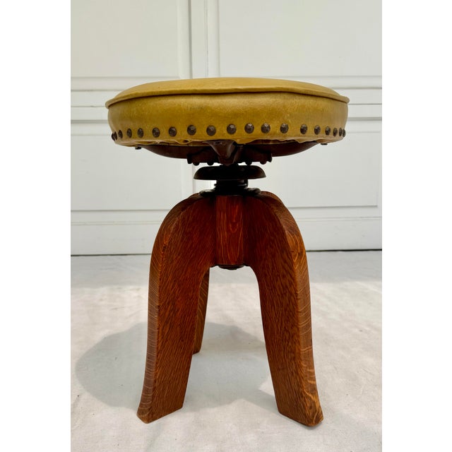 Mustard Arts and Crafts Mustard Yellow Nailhead Swivel Solid Wood Stool For Sale - Image 8 of 12