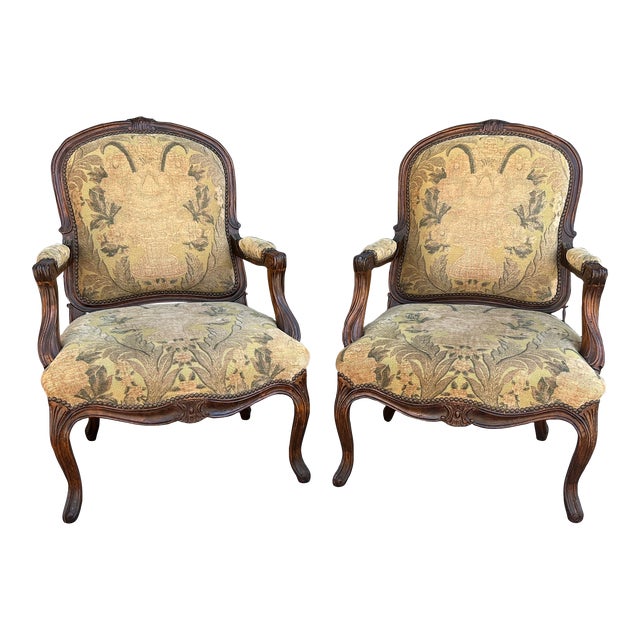 Mid 19th Century Antique Pair of French Louis XV Style Bergere or Armchairs For Sale
