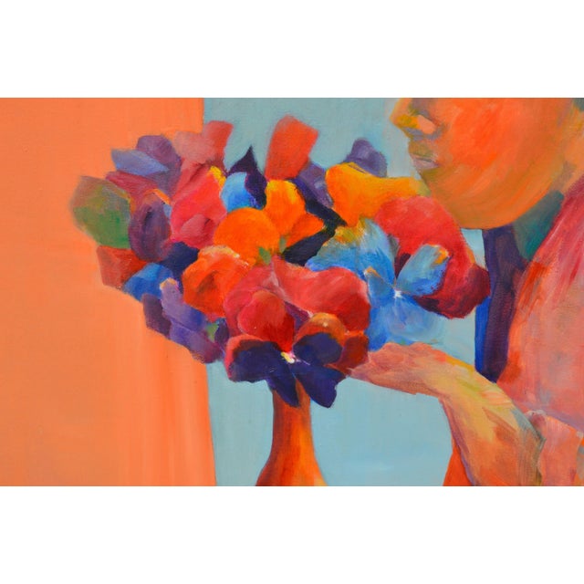 1980s Impressionist Woman with Flowers Figurative Oil on Canvas 1980 For Sale - Image 5 of 7