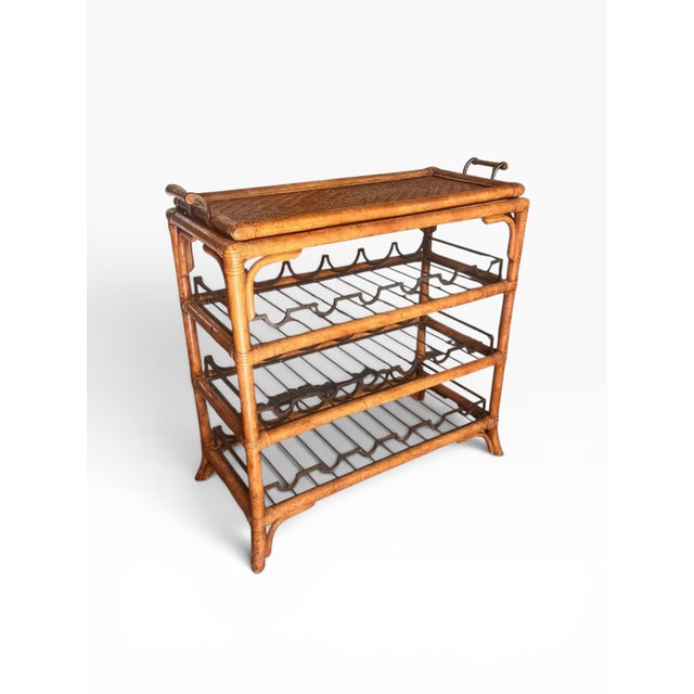 Boho Chic 1990s Maitland-Smith Rattan & Bamboo Bar Cart / Wine Rack With Removable Tray For Sale - Image 3 of 14