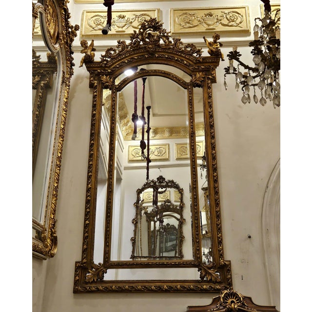 Rococo Grand French Rococo Wall Mirror With Cherub Crest & Ornate Gilded Frame – Monumental Statement Mirror For Sale - Image 3 of 3