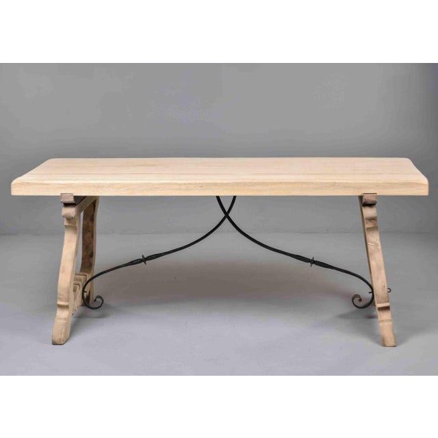 Renaissance Italian Bleached Oak Trestle Table With Wrought Iron Stretcher For Sale - Image 3 of 12