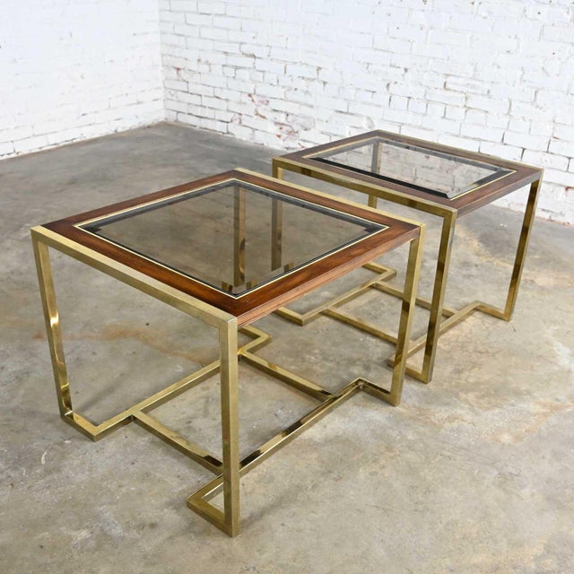 Modern End Tables 2 Sizes Brass Plated Dark Wood & Smoked Glass Rectangles by Thomasville Furniture Style of Milo Baughman, a Pair For Sale - Image 16 of 17