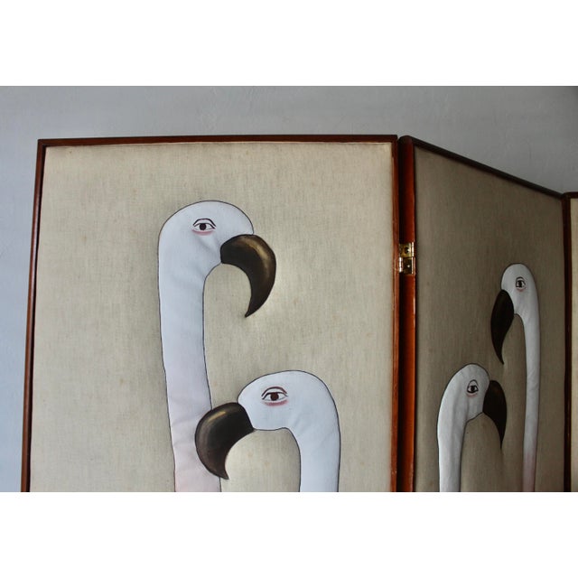 Wood Vintage Hand Painted Flamingos Three Panel Screen Room Divider For Sale - Image 7 of 18