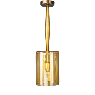 Fine Polished Oxidized Brass and Cognac Artisan Glass Cylindrical Single-Light Pendant by ZAVADSKI, 2023 For Sale