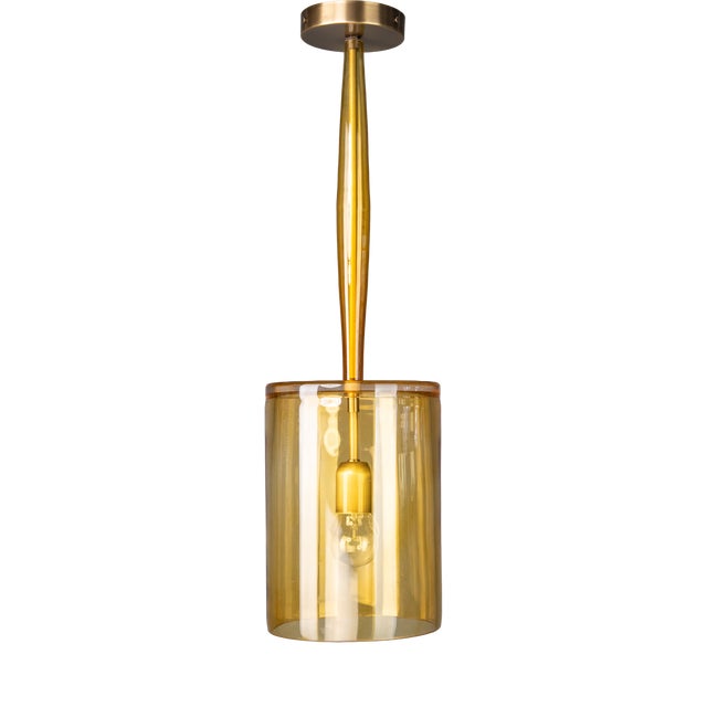 Fine Polished Oxidized Brass and Cognac Artisan Glass Cylindrical Single-Light Pendant by ZAVADSKI, 2023 For Sale