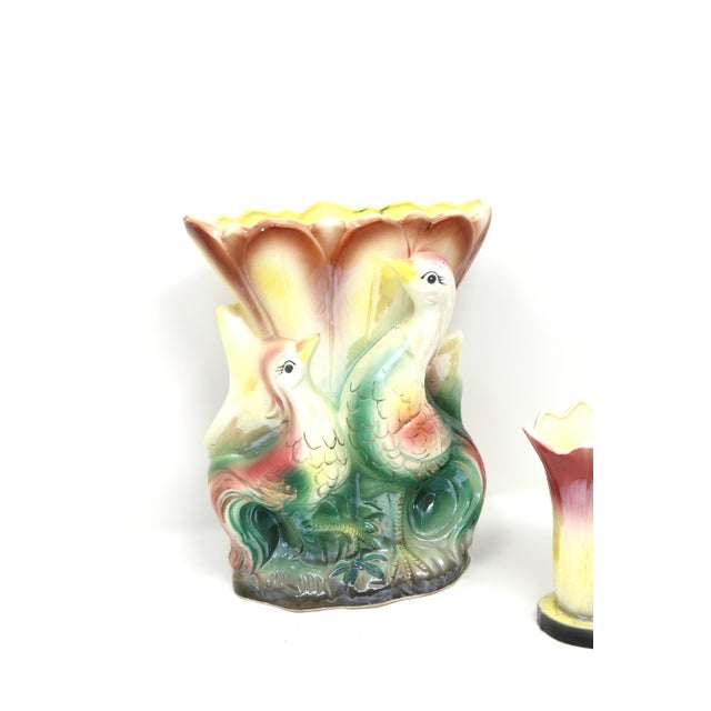 Vintage Mid-Century Iridescent Pheasant Ceramic Vases — Matched Pair For Sale - Image 4 of 11