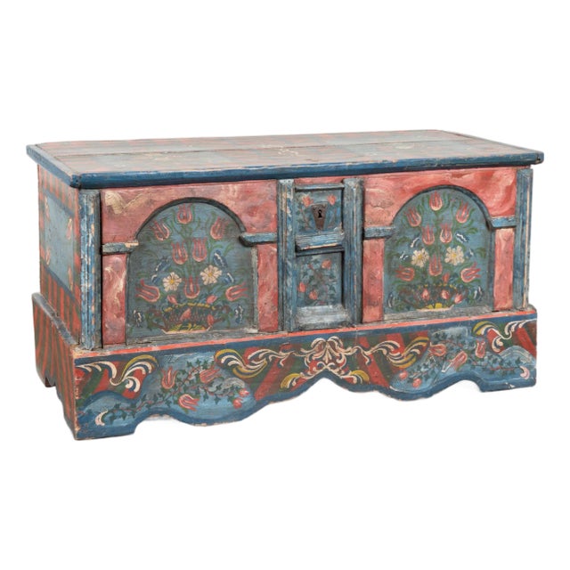 19th Century Original Blue and Red Painted Pine Large Flat Top Trunk For Sale