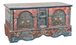 19th Century Original Blue and Red Painted Pine Large Flat Top Trunk