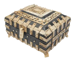 Antique 19th C. Decorative Anglo-Indian Overlay Footed Box With Engraved Bone