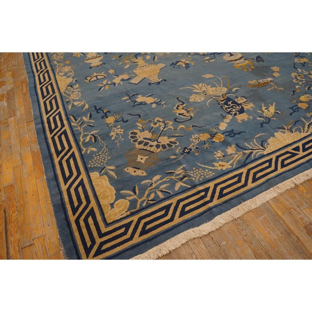 1920s Blue Antique Greek Key Rectangle Hand Knotted Pile Wool 9' X1 4' 4" Rug For Sale - Image 4 of 7