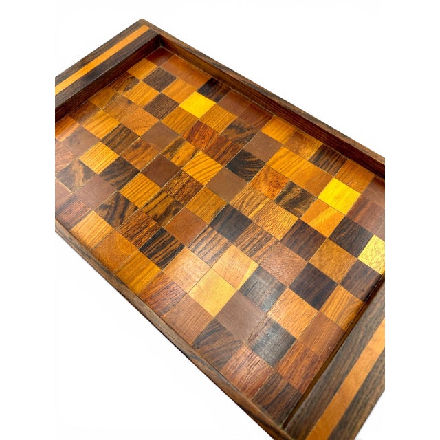 Brown Mid 20th Century Don Shoemaker Mixed Woods Checkerboard Pattern Tray by Senàl For Sale - Image 8 of 8