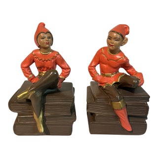 Vintage 1950s Alexander Backer Chalkware Pixie Elf Bookends Pair - Original Sticker & Felt For Sale