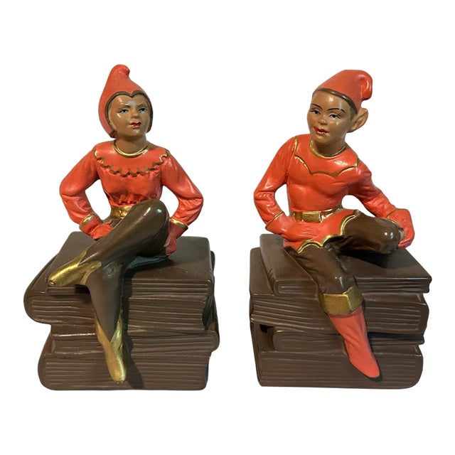 Vintage 1950s Alexander Backer Chalkware Pixie Elf Bookends Pair - Original Sticker & Felt For Sale