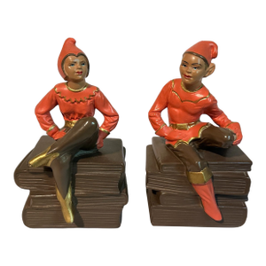 Vintage 1950s Alexander Backer Chalkware Pixie Elf Bookends Pair - Original Sticker & Felt