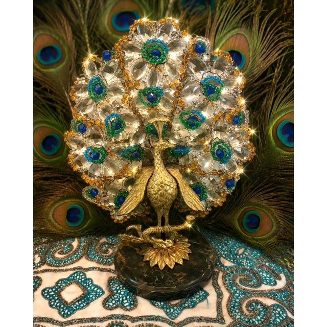 VIntage Art Deco Crystal and Brass Czechoslovakian Beaded Peacock Lamp For Sale - Image 13 of 14
