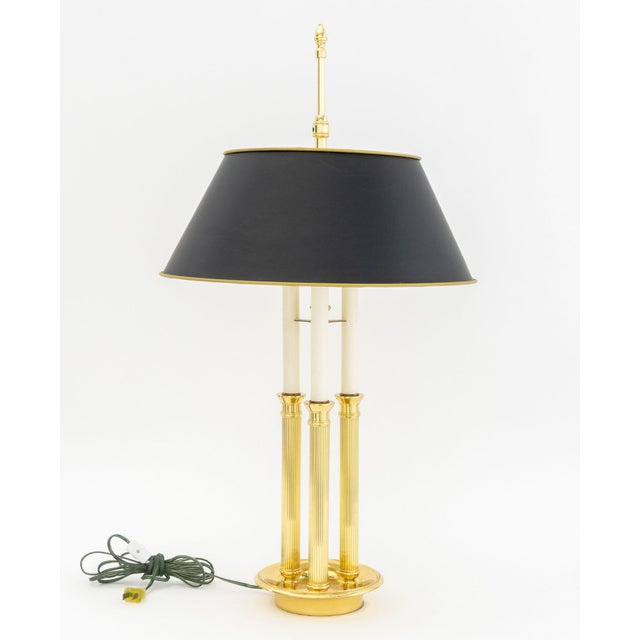 French Style Gilt Brass Bouillotte Lamp, with two bulb fittings and black shade. 30" H x 15.25" Diameter. Provenance: From...