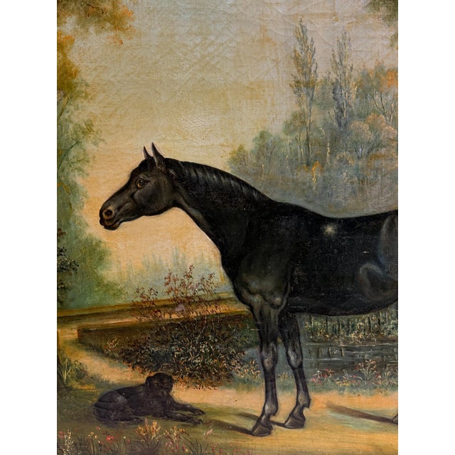A stunning, large scale, pastoral 19th century English equestrian landscape oil painting of a black horse and terrier...