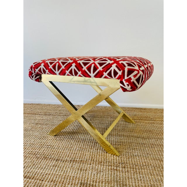Vintage 1970s Pair of Brass X Base Weiman / Warren Lloyd Mastercraft Geometric Velvet Upholstered Stools Ottomans For Sale - Image 17 of 18