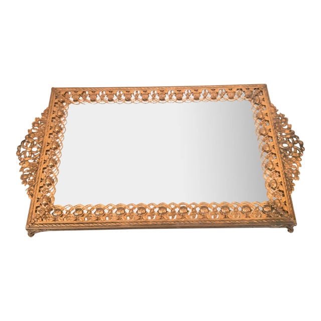 Hollywood Regency Brass Floral Vanity Dresser Mirror For Sale