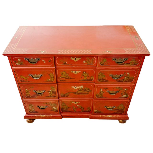 Baker Furniture Company 1960s Hollywood Regency Chinoiserie Red Lacquered Hand-Painted Chest of Drawers Attributed To Baker Furniture For Sale - Image 4 of 11