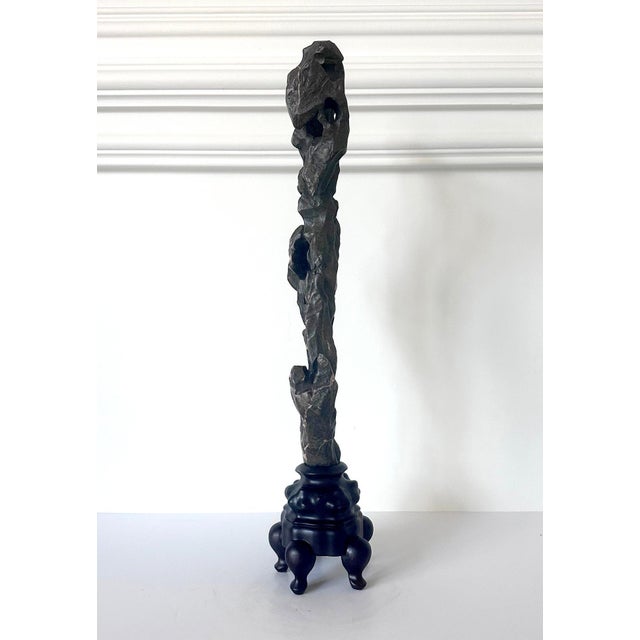 Blue Chinese Scholar Stone Tall Slender Lingbi Rock on Display Stand For Sale - Image 8 of 17