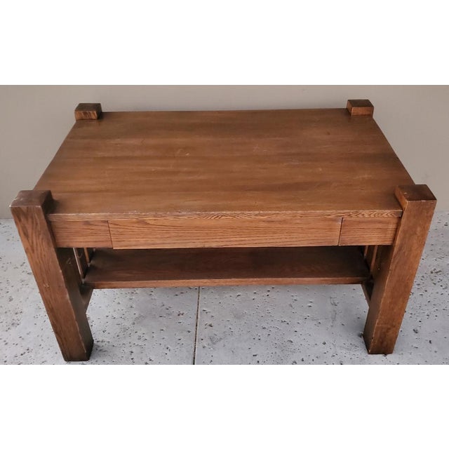 Rare 1900s Antique Mission Oak Craftsmen Library Table With Pullout Writing Desk With Ink Well For Sale - Image 11 of 16