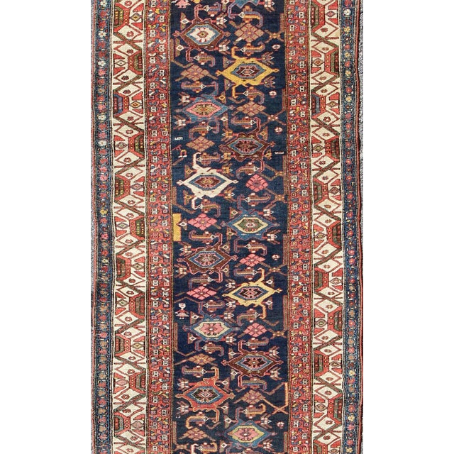 Tribal Red, Blue, and Ivory Antique Persian Bidjar Runner With All-Over Geometrics 3'11"x14'3" For Sale - Image 3 of 8