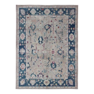 All-Over Design Royal Blue and Gray With Hints of Red Turkish Oushak Rug For Sale