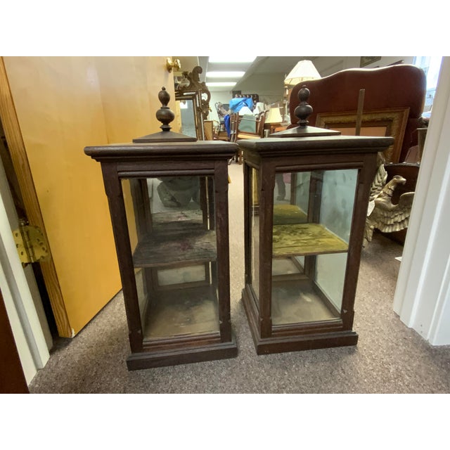 Pair of Victorian Display cabinets. Antique wood and glass display with velvet shelf, mirror back.. Door opening in back....