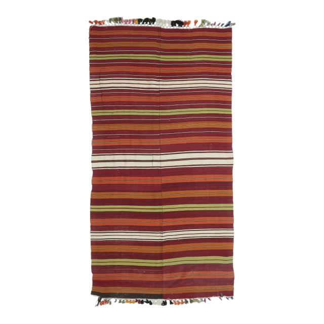 1970s Turkish Hand-Knotted Wool Kilim Flatweave Striped Rug For Sale
