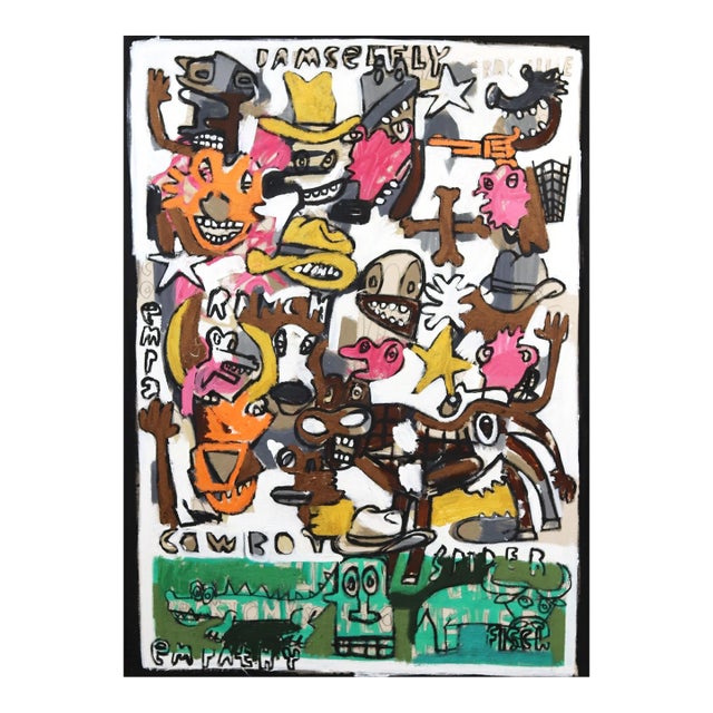 Large Colorful Mixed Media Painting on Canvas "The Emotional Cowboy" Original Artwork by Jonas Fisch For Sale