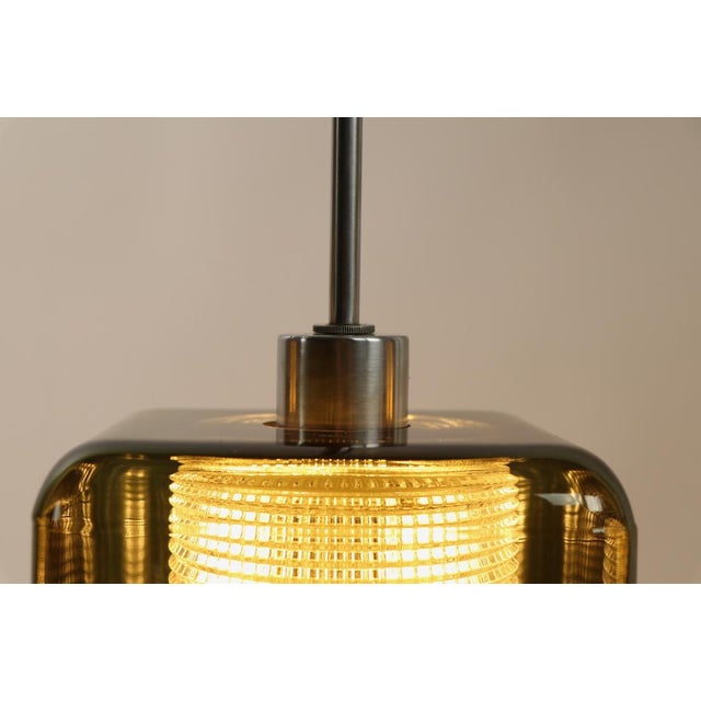 Mid 20th Century Mid 20th Century Three-Light Smoked Gray Glass and Brushed Steel Chandelier att. to Orrefores For Sale - Image 5 of 12