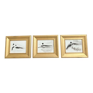 Contemporary 3 Original Abstract Ink Paintings Gold Frames-Set of 3 For Sale