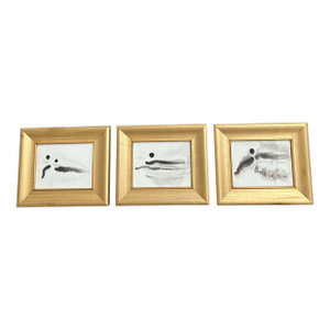 Contemporary 3 Original Abstract Ink Paintings Gold Frames-Set of 3