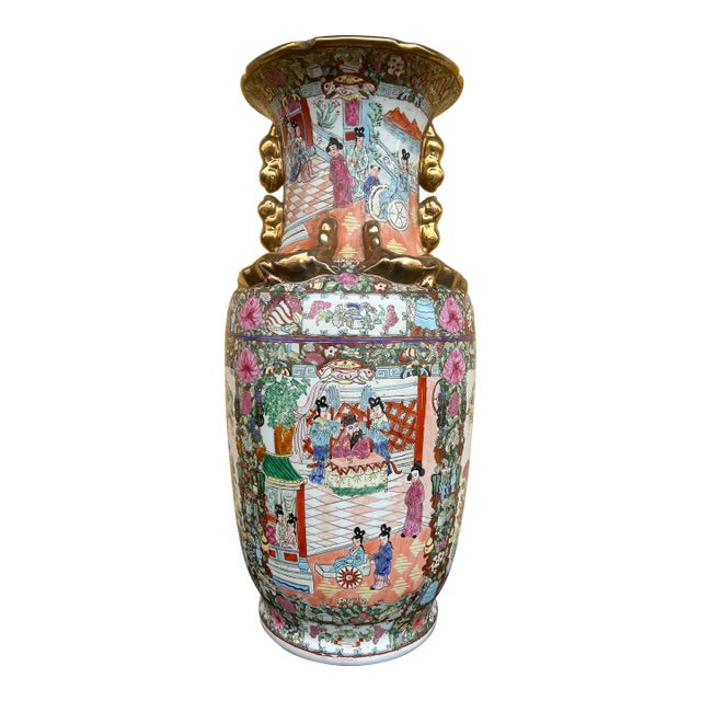 Vintage Famille Rose Vase and Hand Painted in Pastels With Heavy Gold Accents For Sale