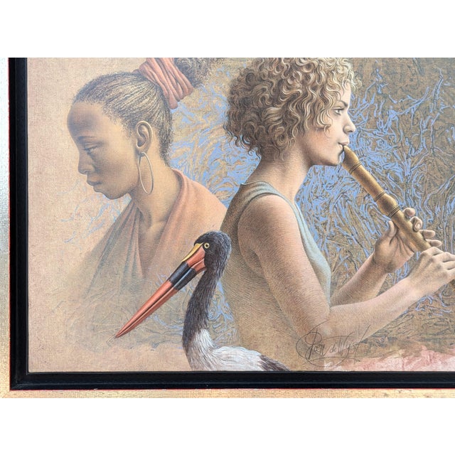 Brown Poen de Wijs "Tripelconcert" Realist Painting of Two Women with a Flute & Saddlebill Stork, 1998 For Sale - Image 8 of 11