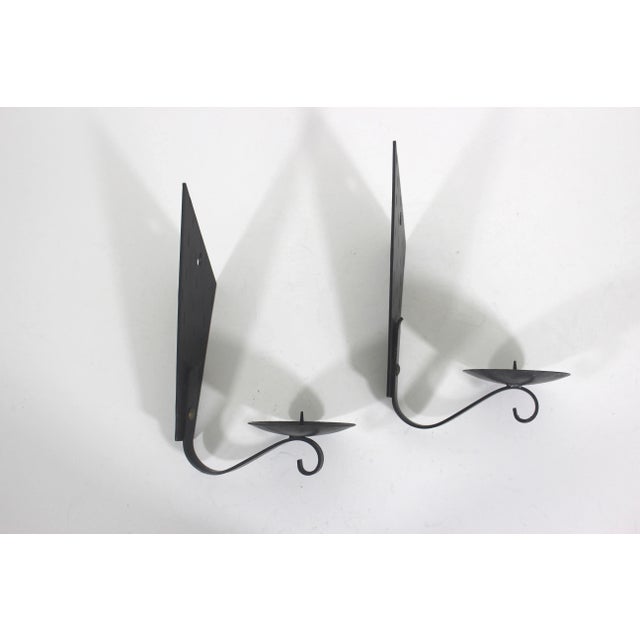 Mid Century Brutalist Hammered Black Candle Holder Wall Sconces Textured Hammered Patina For Sale - Image 9 of 10