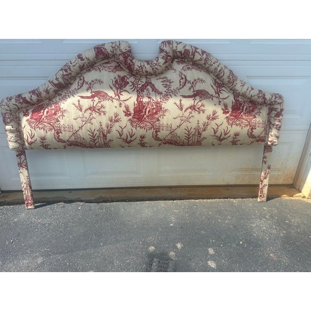 Vintage French Country Toile Upholstered Headboard – King/Queen, Rolled Silhouette For Sale - Image 4 of 10