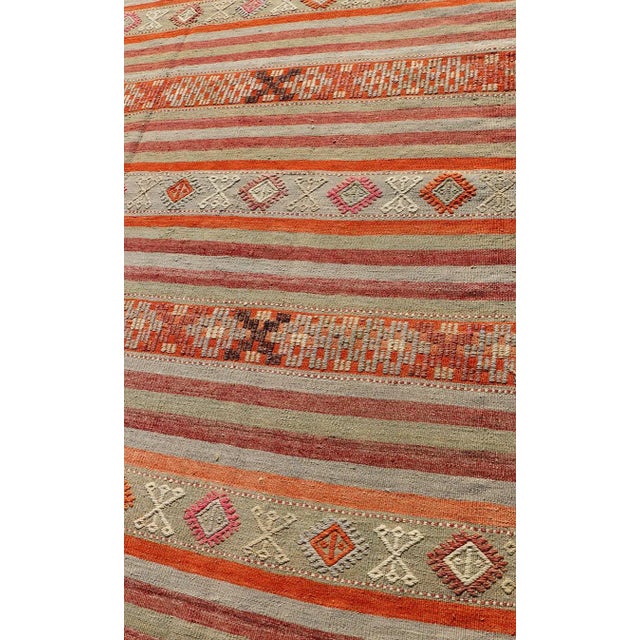 Orange Mid 20th Century Vintage Turkish Kilim With Colorful Stripes in Orange Lt. Green Red & Gray For Sale - Image 8 of 13