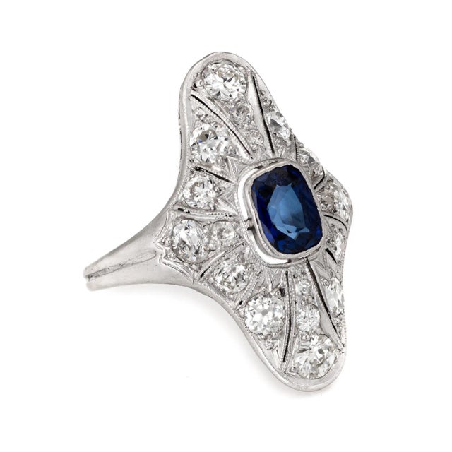 Traditional Antique Edwardian Sapphire Diamond Ring Vintage Platinum Long Plaque Jewellery size 5.5 For Sale - Image 3 of 6