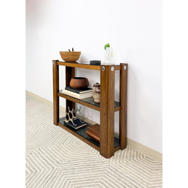 Wood Vintage Smoky Glass 3 Tier Shelf Chrome MCM Display Shelving Unit Mid Century For Sale - Image 7 of 9