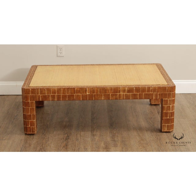Wood Mid Century Modern Wooden Block Carved Tile Parsons Coffee Table with Wicker Top For Sale - Image 7 of 13